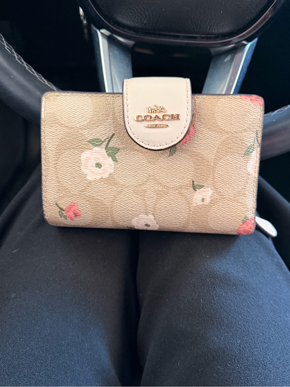 Coach Beige Floral Small Wallet with Pink Accents